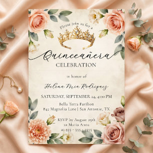 Vintage-Wasserfarben-Blumen-Goldkrone-Quinceañera Einladung