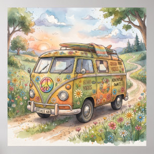 Vintage-Wasserfarben-Camper-Van-Roadtrip-Kunst Poster