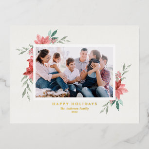 Vintage-Wasserfarben-Foto von roter Poinsettie Folien Feiertagspostkarte