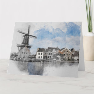 Vintage-Wasserfarben-Niederlande- und Windmühlen-P Karte