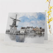 Vintage Wasserfarben Niederlande & Windmill Postca Karte (Gelbe Blume)