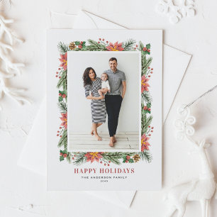 Vintage-Wasserfarben-Poinsettie und Grün-Foto Feiertagspostkarte