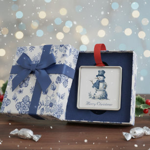 Vintage-Wasserfarben-Schneemann Delft Blau Weihnac Ornament Aus Metall