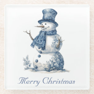 Vintage-Wasserfarben-Schneemann in Delft-Blau-Weih Glasuntersetzer