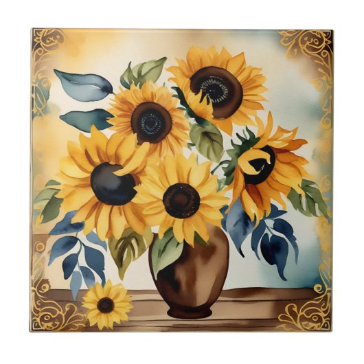 Vintage Wasserfarben-Sonnenblume Fliese (Vorderseite)