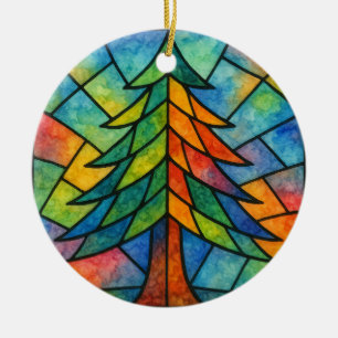Vintage-Wasserfarben-Tannenbaum-Buntglas-Design Keramik Ornament