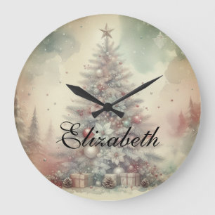Vintage-Wasserfarben-Weihnachtsbaum und -Ornamente Große Wanduhr