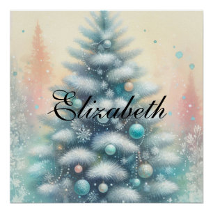 Vintage-Wasserfarben-Weihnachtsbaum und -schmuck Poster