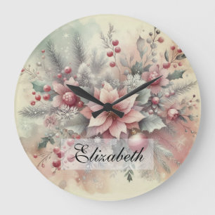 Vintage Wasserfarben Weihnachtsblumen und Ornament Große Wanduhr