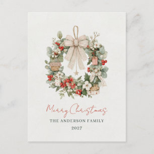 Vintage-Wasserfarben-Weihnachtskranz Familien-Gruß Postkarte
