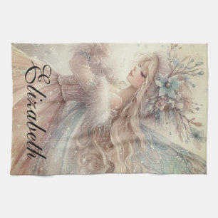 Vintage-Wasserfarben-Winter-Schnee-Fee-Fantasie-Ku Geschirrtuch