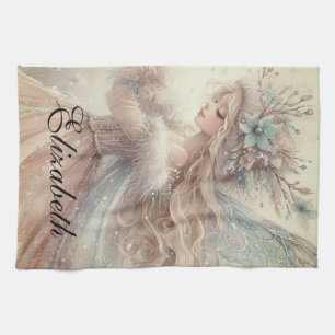 Vintage-Wasserfarben-Winter-Schnee-Fee-Fantasie-Ku Geschirrtuch