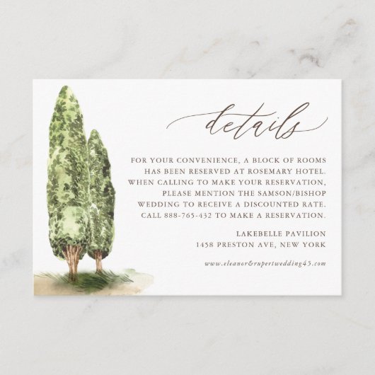 Vintage Wasserfarbenbaumen Hochzeitsdetails Begleitkarte (Vorderseite)