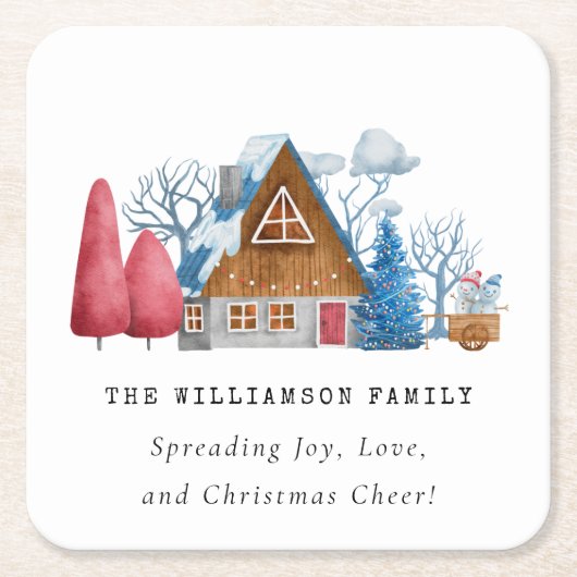 VINTAGE WASSERFARBENHAUS-FAMILIE RECHTECKIGER PAPPUNTERSETZER (Vorderseite)