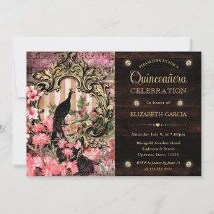 Vintage Wasserfarbenpfaue und Blume Quinceanera Einladung