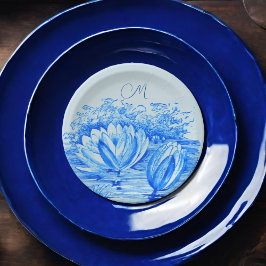 Vintage Wasserlilien - mit Monogramm blau Pappteller