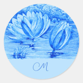 Vintage Wasserlilien - mit Monogramm blau Runder Aufkleber