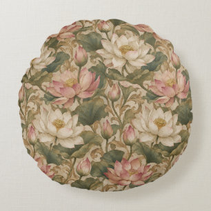 Vintage Wasserlotus Botanisches Blumenmuster Rundes Kissen