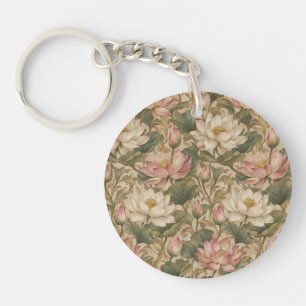 Vintage Wasserlotus Botanisches Blumenmuster Schlüsselanhänger