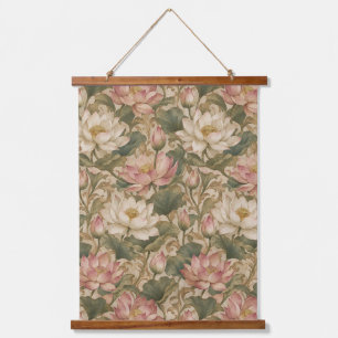 Vintage Wasserlotus Botanisches Blumenmuster Wandteppich Mit Holzrahmen