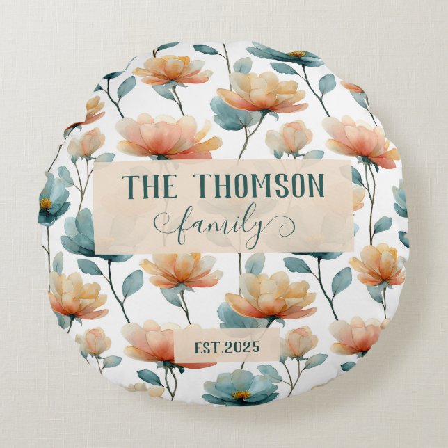 Vintage Watercolor Floral Family Heritage Rundes Kissen (Vorderseite)