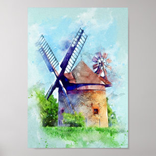 Vintage Watercolor-Malerei für Windmühle Poster