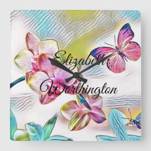 Vintage Watercolor of Pink Red Orchid Flowers Quadratische Wanduhr