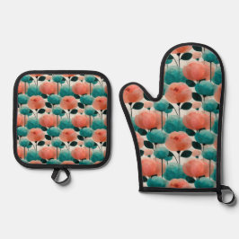 Vintage Watercolor Pink and Green Floral Ofenhandschuh & Topflappen-Set