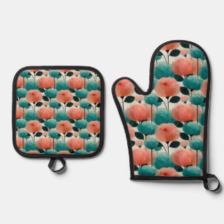 Vintage Watercolor Pink and Green Floral Ofenhandschuh & Topflappen-Set