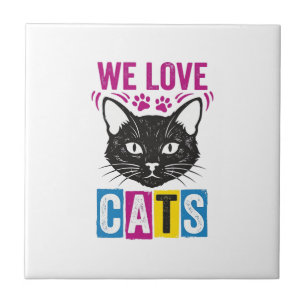 Vintage We Love Cats Katzen Gesicht Grafik T-Shirt Fliese