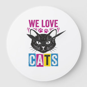 Vintage We Love Cats Katzen Gesicht Grafik T-Shirt Große Wanduhr