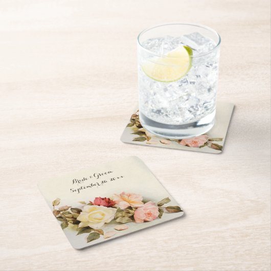 Vintage Wedding Antique Garden Rose Blume Rechteckiger Pappuntersetzer (Vor Ort)