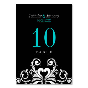 Vintage Wedding Aquamarin Black Tischnummer Card