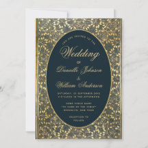 Vintage Wedding Blue Gold Blätter Monogram auf der
