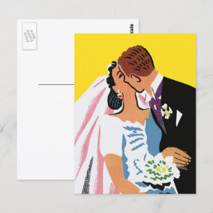 Vintage Wedding, Bride and Groom Newlyweds Küssen Postkarte