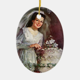 Vintage Wedding, Bride Cutting die Hochzeitstorte Keramikornament