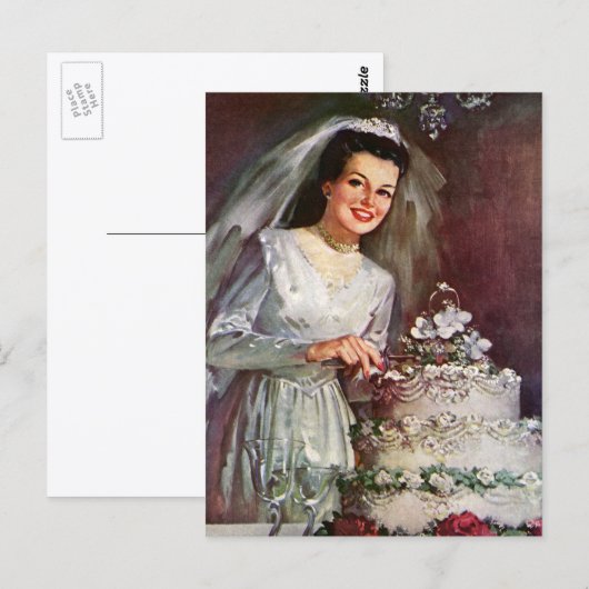 Vintage Wedding, Bride Cutting die Hochzeitstorte Postkarte (Vorne/Hinten)