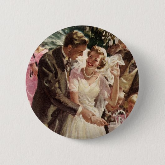 Vintage Wedding Bride Groom Neugierige Cut Cake Button (Vorderseite)