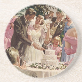 Vintage Wedding Bride Groom Neugierige Cut Cake Getränkeuntersetzer