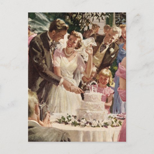 Vintage Wedding Bride Groom Neugierige Cut Cake Postkarte (Vorderseite)
