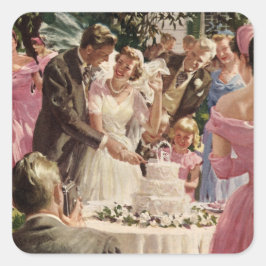 Vintage Wedding Bride Groom Neugierige Cut Cake Quadratischer Aufkleber