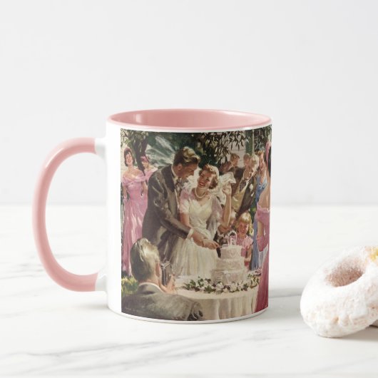 Vintage Wedding Bride Groom Neugierige Cut Cake Tasse (Mit Donut)