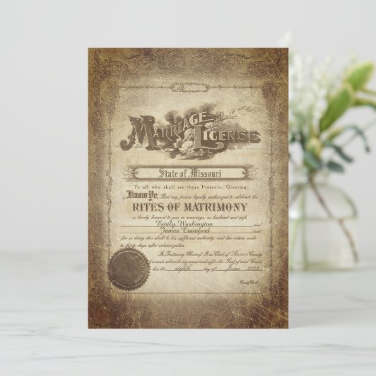 Vintage Wedding Certificate Einladung (Stehend Vorderseite)