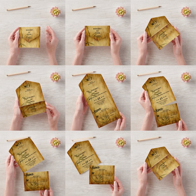 Vintage Wedding Japanese Bamboo Calligrafy Art All In One Einladung