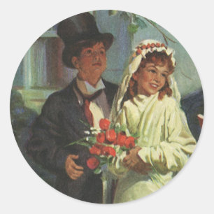 Vintage Wedding, Kinder vorgeben Braut und Bräutig Runder Aufkleber