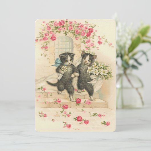 Vintage Wedding Kittens Einladung (Stehend Vorderseite)