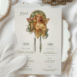 Vintage Wedding Menu und Drink Card Einladung<br><div class="desc">Genießen Sie den Hochzeitsempfang mit der im Jugendstil inspirierten Speisekarte und der Getränkekarte. Freuen Sie sich auf eine wunderbar illustrierte Vintage Dame mit Blume und fließenden Details. Das elegante Design vereint eine Touch klassischer Eleganz mit gedämpften Grüntönen, warmen Gelbtönen und sanften Farbtönen. Auf der Vorderseite werden die Speisen wie Vorspeisen,...</div>