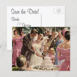 Vintage Wedding Newlyweds Cut Cake Save the Date Ankündigungspostkarte