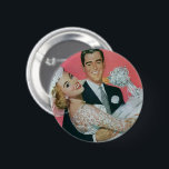 Vintage Wedding Newlyweds, Groom Carry Bridge Button<br><div class="desc">Fun Retro 50er kitsch Design für Knöpfe! Vintage Illustration Liebe und romantisches Hochzeitsbild mit einem hübschen Bräutigam,  der seine wunderschöne Braut trägt.</div>
