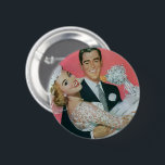 Vintage Wedding Newlyweds, Groom Carry Bridge Button<br><div class="desc">Fun Retro 50er kitsch Design für Knöpfe! Vintage Illustration Liebe und romantisches Hochzeitsbild mit einem hübschen Bräutigam,  der seine wunderschöne Braut trägt.</div>